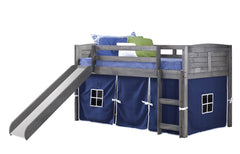 Louver Antique Grey Low Loft Bed with Slide & Blue Tent