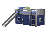 Louver Antique Grey Low Loft Bed with Slide & Blue Tent
