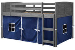 Louver Antique Grey Low Loft Bed with Blue Tent