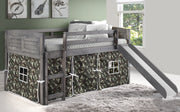 Louver Antique Grey Low Loft Bed with Slide & Camo Print Tent