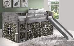 Louver Antique Grey Low Loft Bed with Slide & Camo Print Tent