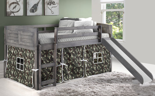 Louver Antique Grey Low Loft Bed with Slide & Camo Print Tent