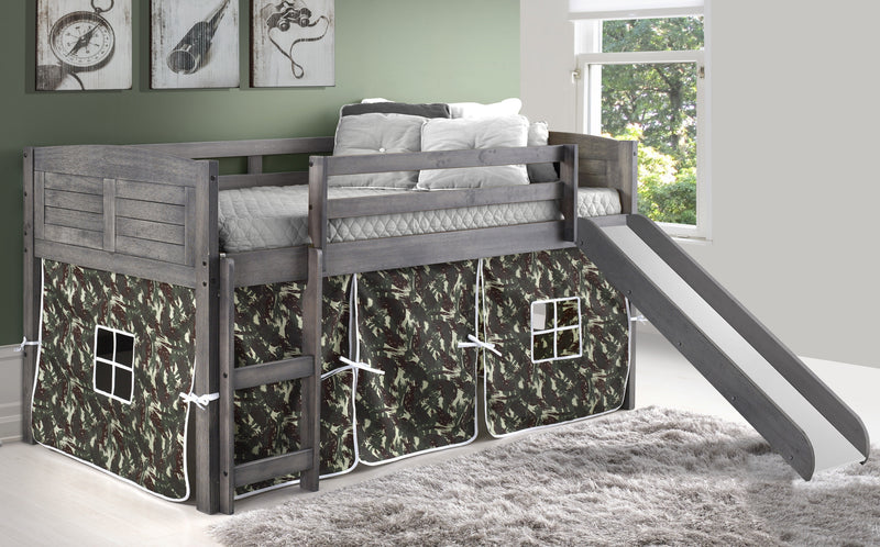 Louver Antique Grey Low Loft Bed with Slide & Camo Print Tent