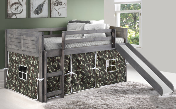 Louver Antique Grey Low Loft Bed with Slide & Camo Print Tent