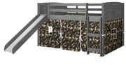 Louver Antique Grey Low Loft Bed with Slide & Camo Print Tent