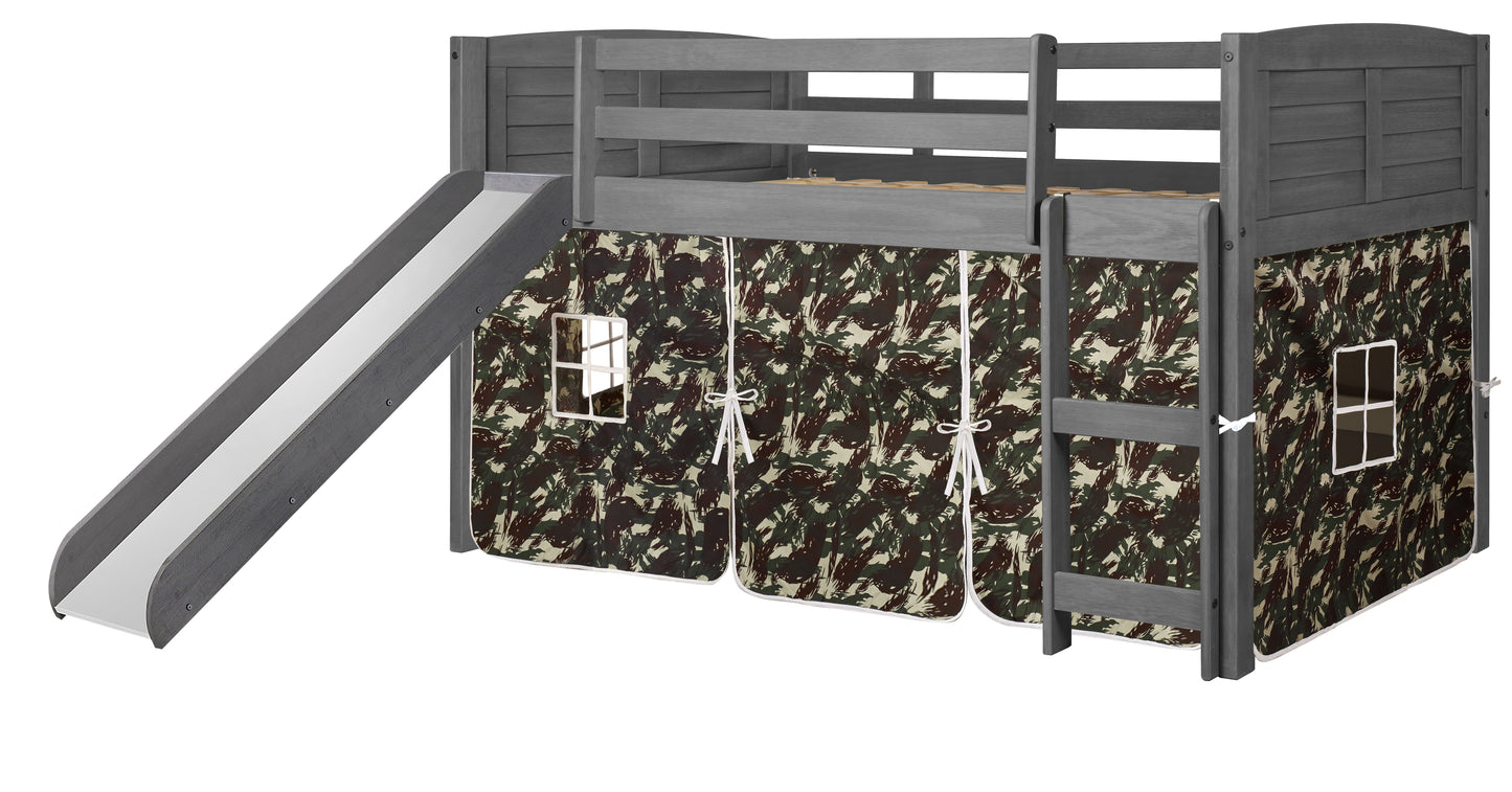 Louver Antique Grey Low Loft Bed with Slide & Camo Print Tent