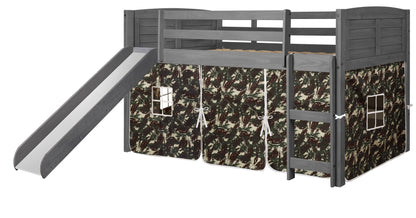 Louver Antique Grey Low Loft Bed with Slide & Camo Print Tent