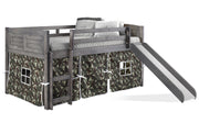 Louver Antique Grey Low Loft Bed with Slide & Camo Print Tent