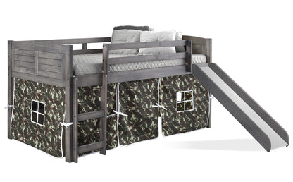 Louver Antique Grey Low Loft Bed with Slide & Camo Print Tent