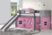 Louver Antique Grey Low Loft Bed with Slide & Pink Tent