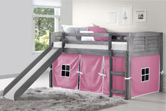 Louver Antique Grey Low Loft Bed with Slide & Pink Tent