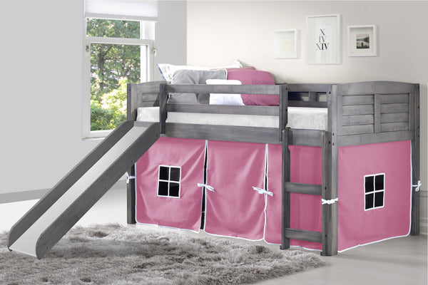 Louver Antique Grey Low Loft Bed with Slide & Pink Tent