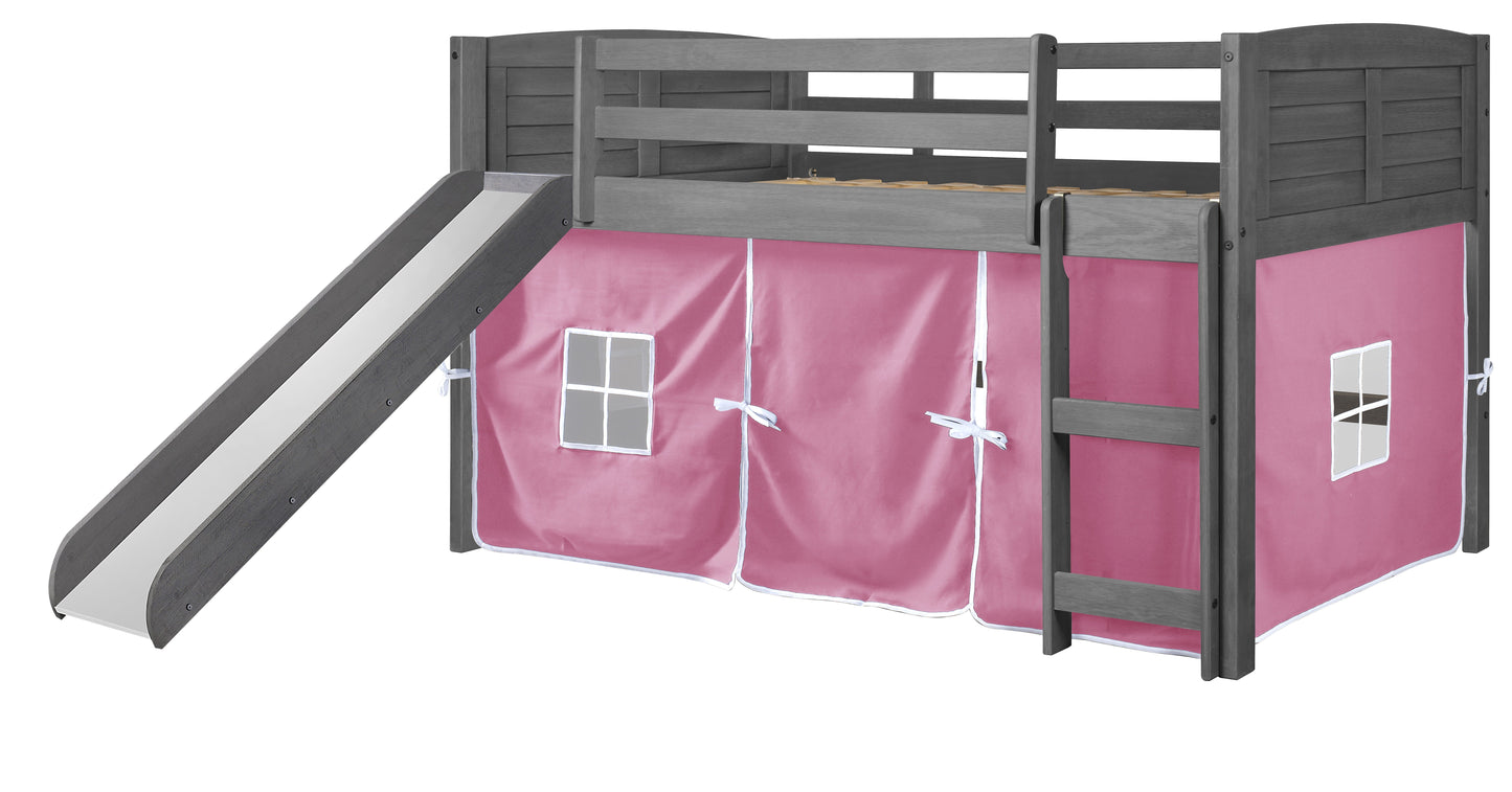 Louver Antique Grey Low Loft Bed with Slide & Pink Tent