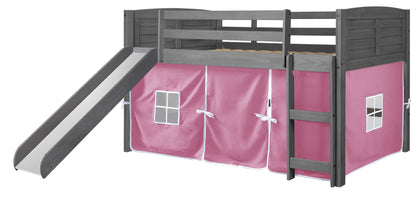 Louver Antique Grey Low Loft Bed with Slide & Pink Tent