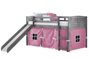 Louver Antique Grey Low Loft Bed with Slide & Pink Tent