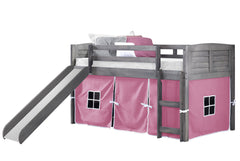 Louver Antique Grey Low Loft Bed with Slide & Pink Tent