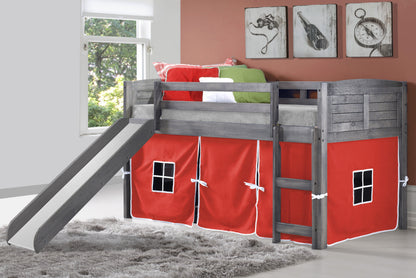Louver Antique Grey Low Loft Bed with Slide & Red Tent