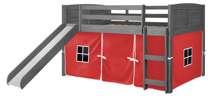 Louver Antique Grey Low Loft Bed with Slide & Red Tent