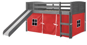 Louver Antique Grey Low Loft Bed with Slide & Red Tent