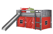 Louver Antique Grey Low Loft Bed with Slide & Red Tent