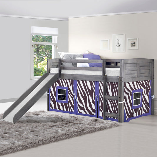 Louver Antique Grey Low Loft Bed with Slide & Zebra Print Tent