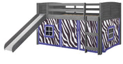 Louver Antique Grey Low Loft Bed with Slide & Zebra Print Tent