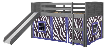 Louver Antique Grey Low Loft Bed with Slide & Zebra Print Tent