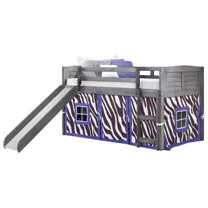 Louver Antique Grey Low Loft Bed with Slide & Zebra Print Tent
