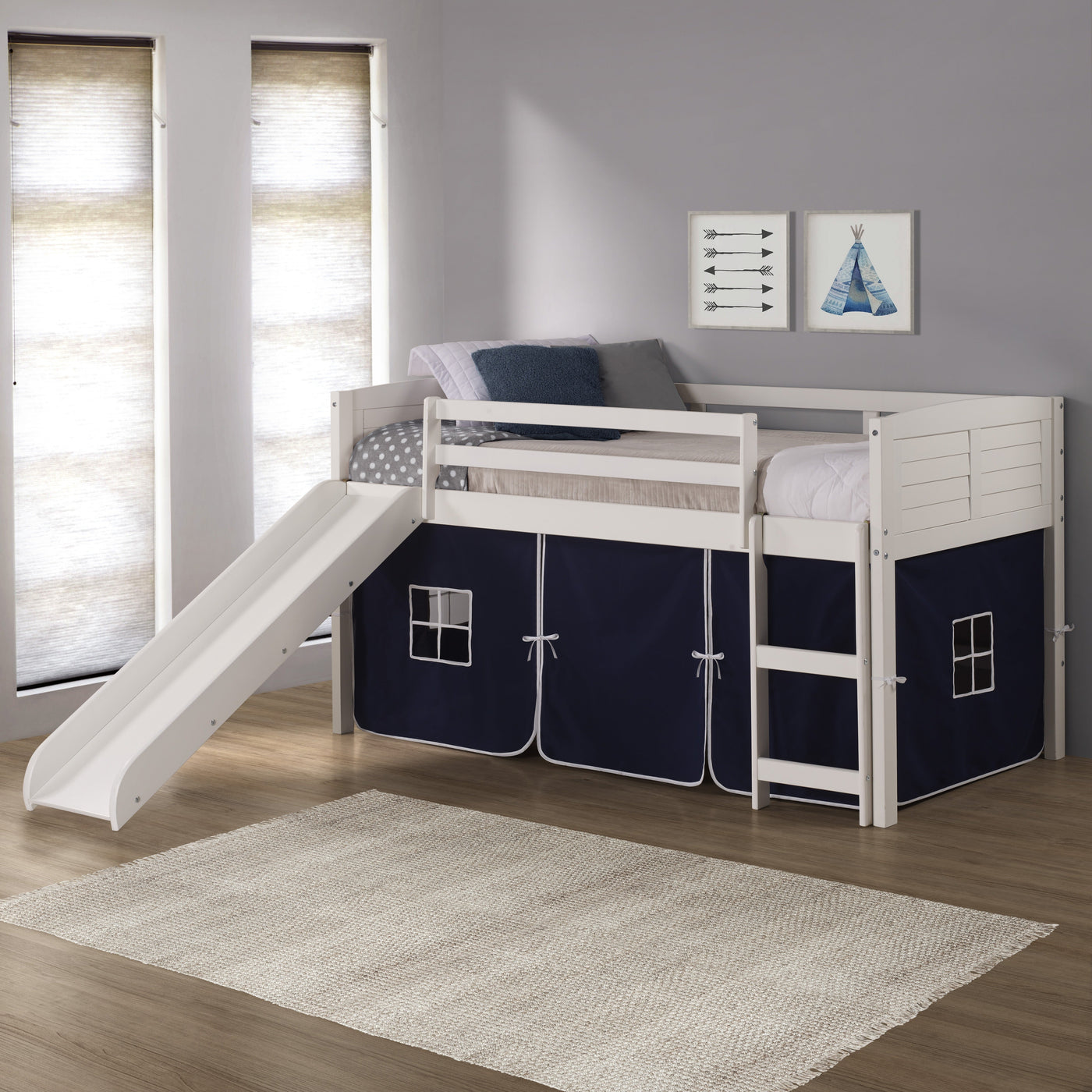 Louver White Low Loft Bed with Slide & Blue Tent