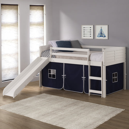 Louver White Low Loft Bed with Slide & Blue Tent