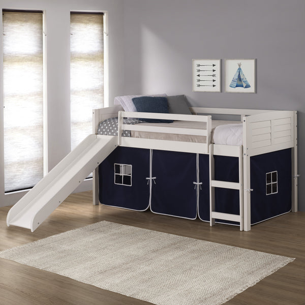 Louver White Low Loft Bed with Slide & Blue Tent