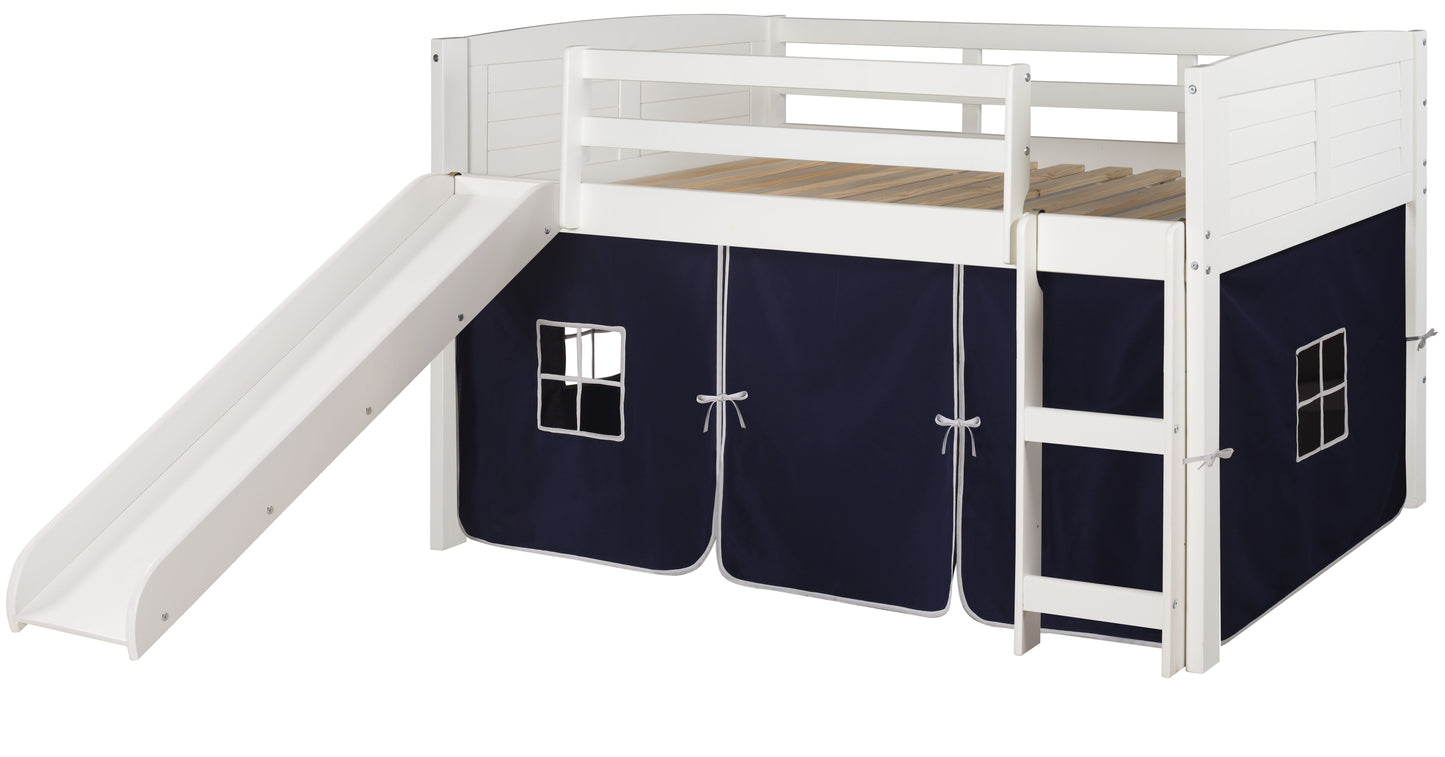 Louver White Low Loft Bed with Slide & Blue Tent