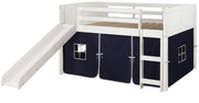 Louver White Low Loft Bed with Slide & Blue Tent