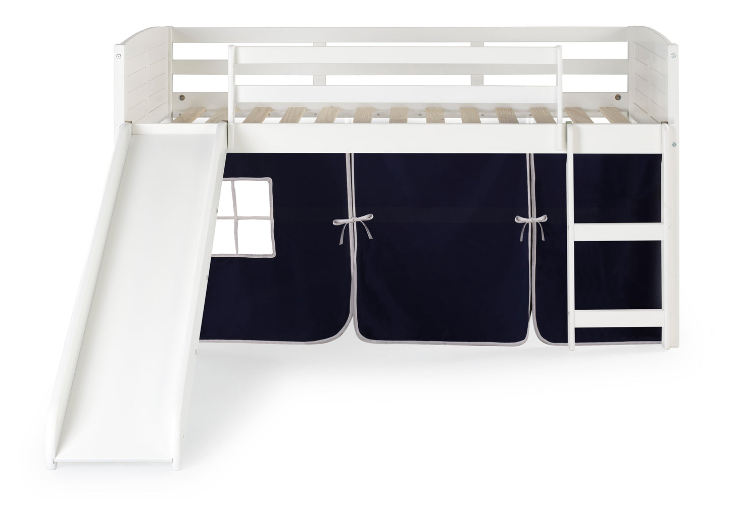 Louver White Low Loft Bed with Slide & Blue Tent
