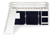 Louver White Low Loft Bed with Slide & Blue Tent