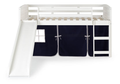 Louver White Low Loft Bed with Slide & Blue Tent
