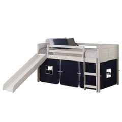 Louver White Low Loft Bed with Slide & Blue Tent