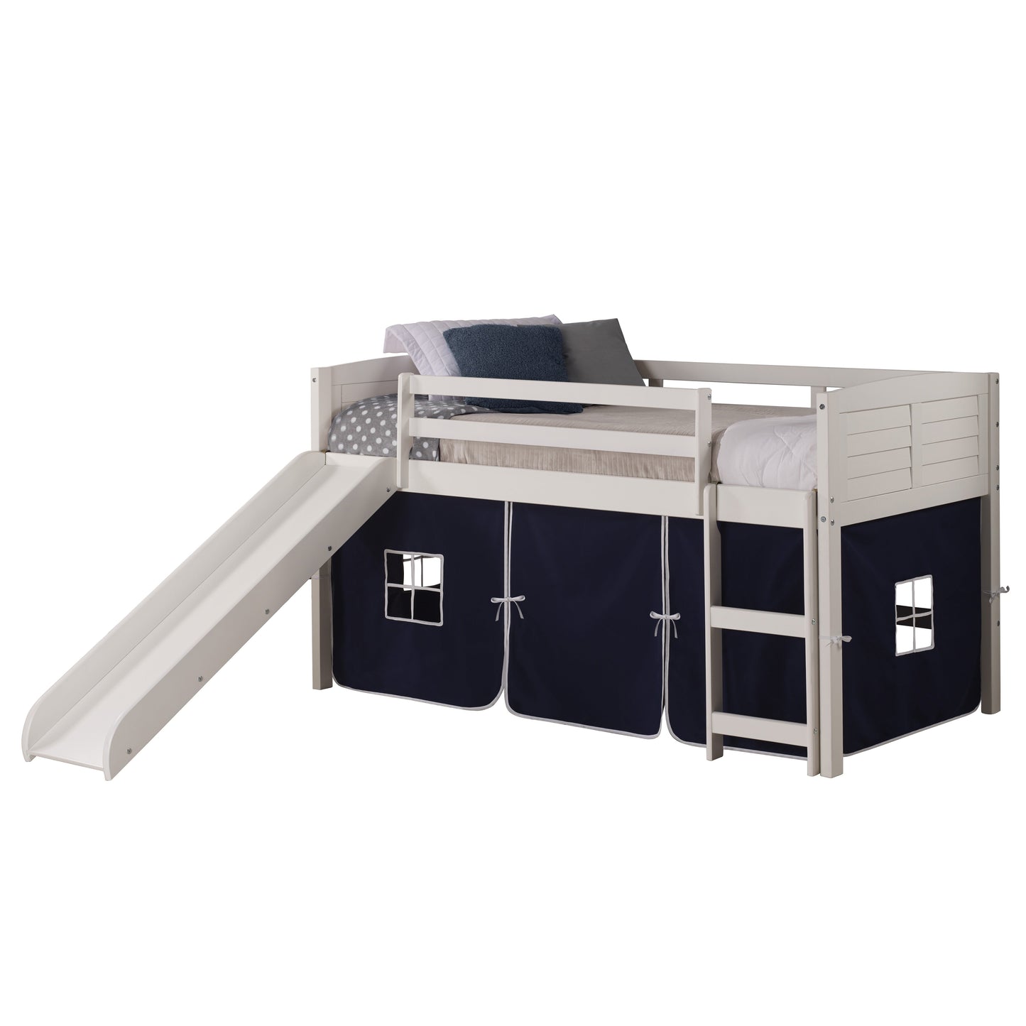 Louver White Low Loft Bed with Slide & Blue Tent