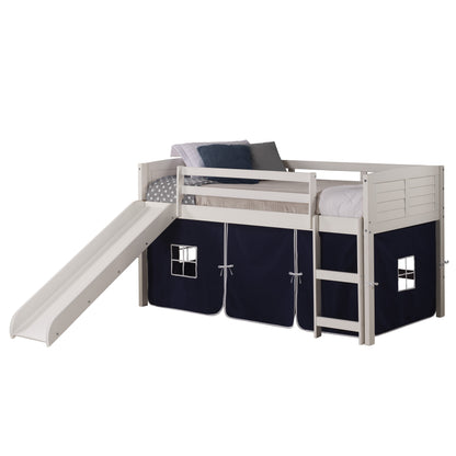 Louver White Low Loft Bed with Slide & Blue Tent
