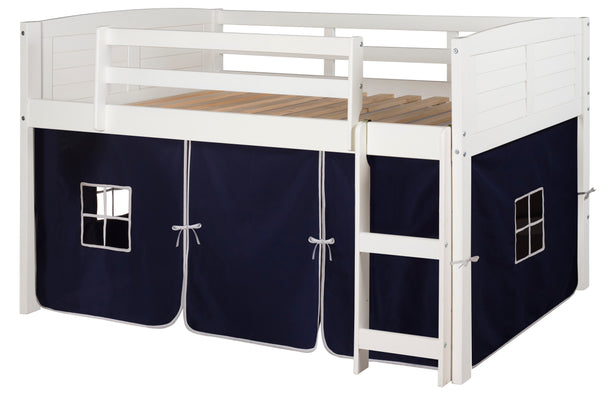 Louver White Low Loft Bed with Blue Tent