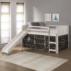 Louver White Low Loft Bed with Slide & Camo Print Tent