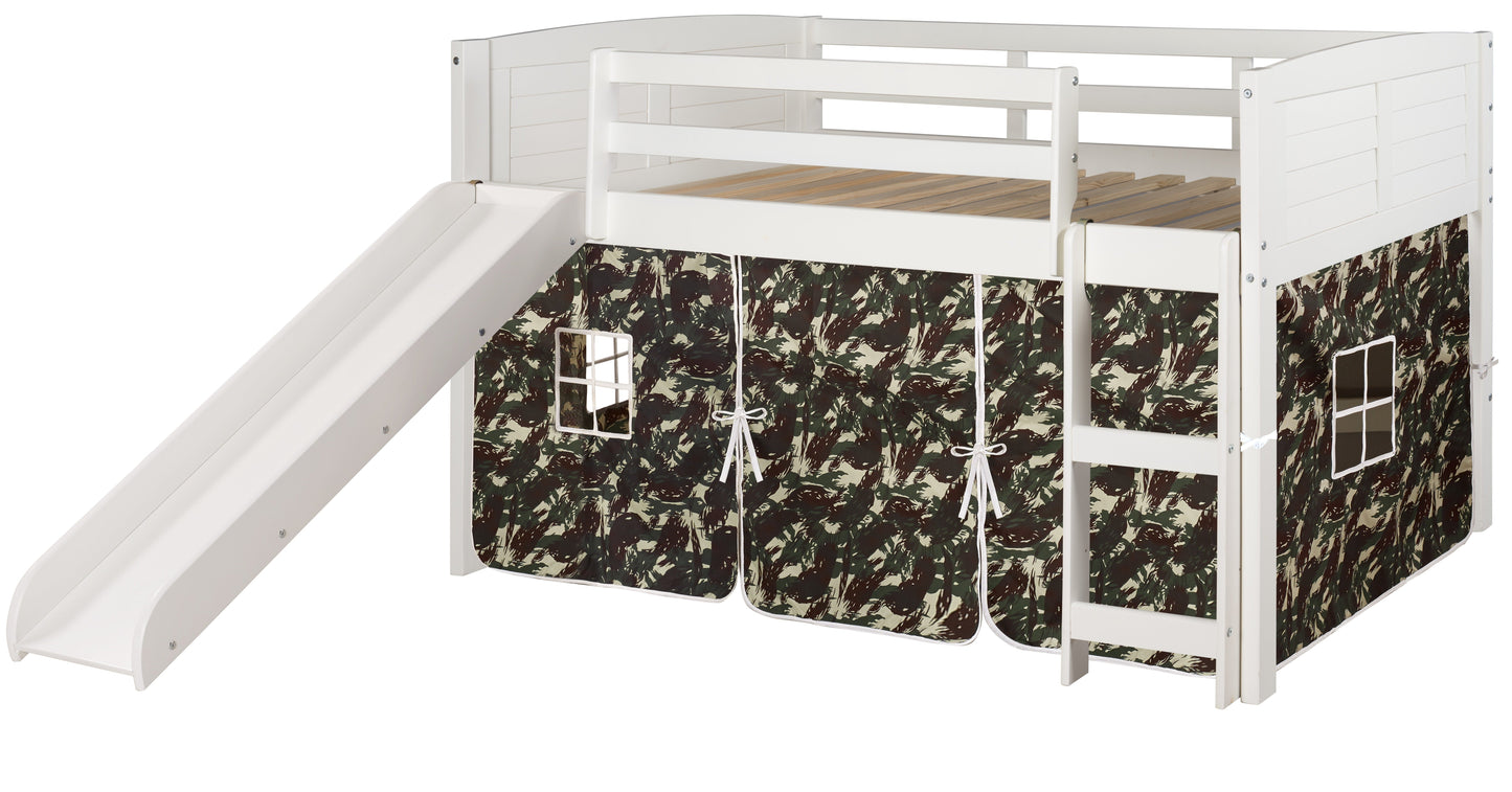 Louver White Low Loft Bed with Slide & Camo Print Tent