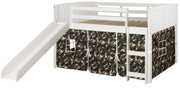 Louver White Low Loft Bed with Slide & Camo Print Tent