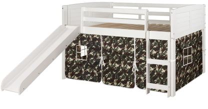 Louver White Low Loft Bed with Slide & Camo Print Tent