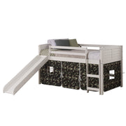 Louver White Low Loft Bed with Slide & Camo Print Tent