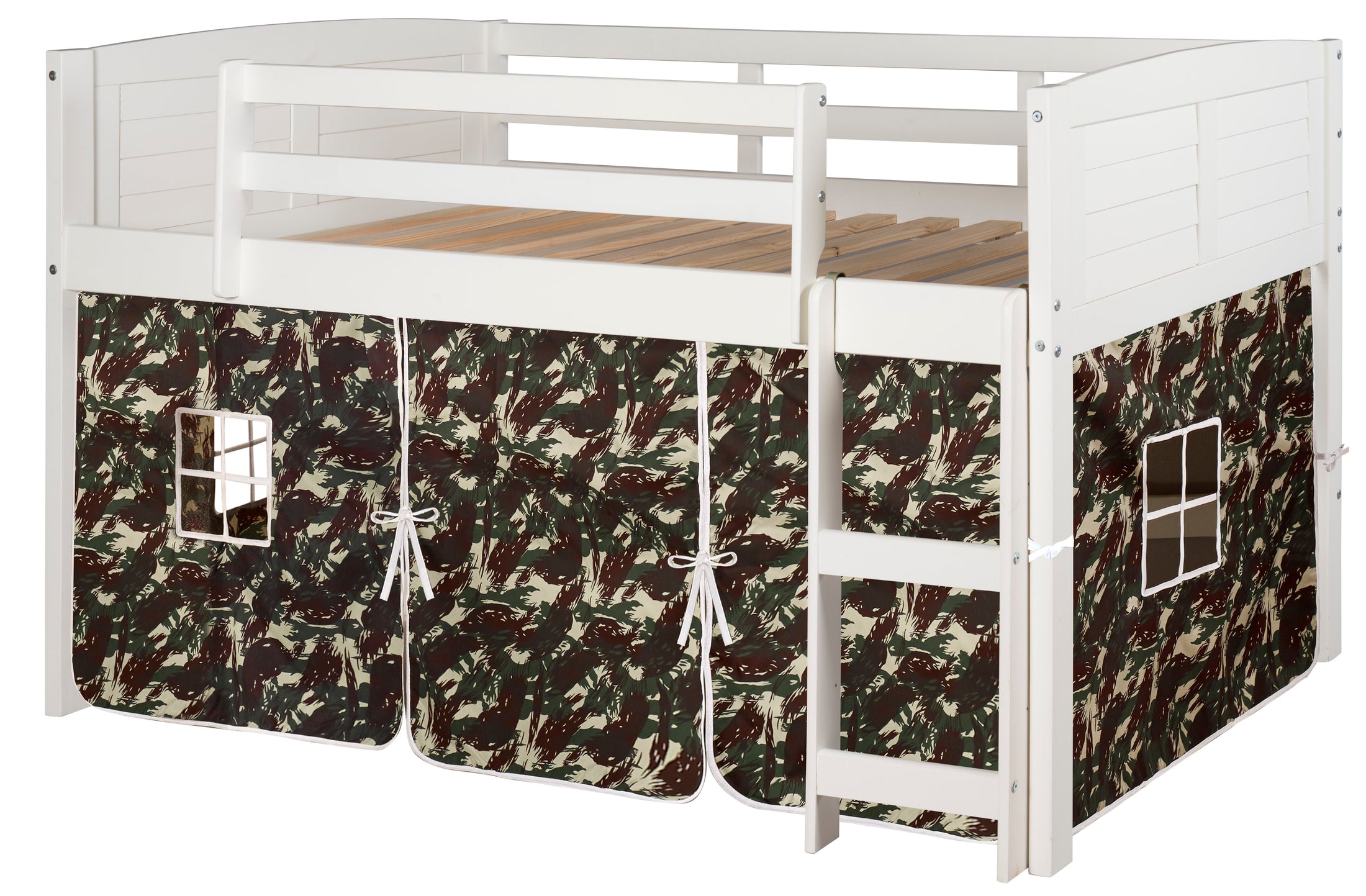Louver White Low Loft Bed with Camo Print Tent