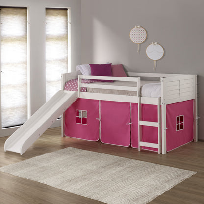 Louver White Low Loft Bed with Slide & Pink Tent