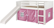 Louver White Low Loft Bed with Slide & Pink Tent