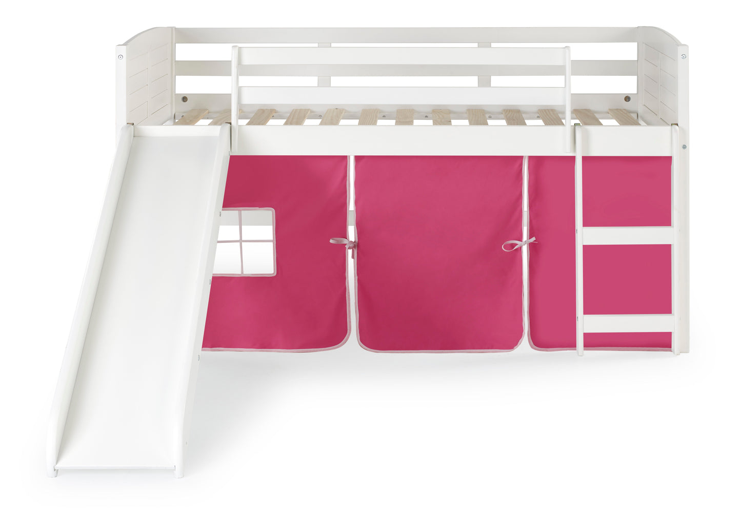 Louver White Low Loft Bed with Slide & Pink Tent