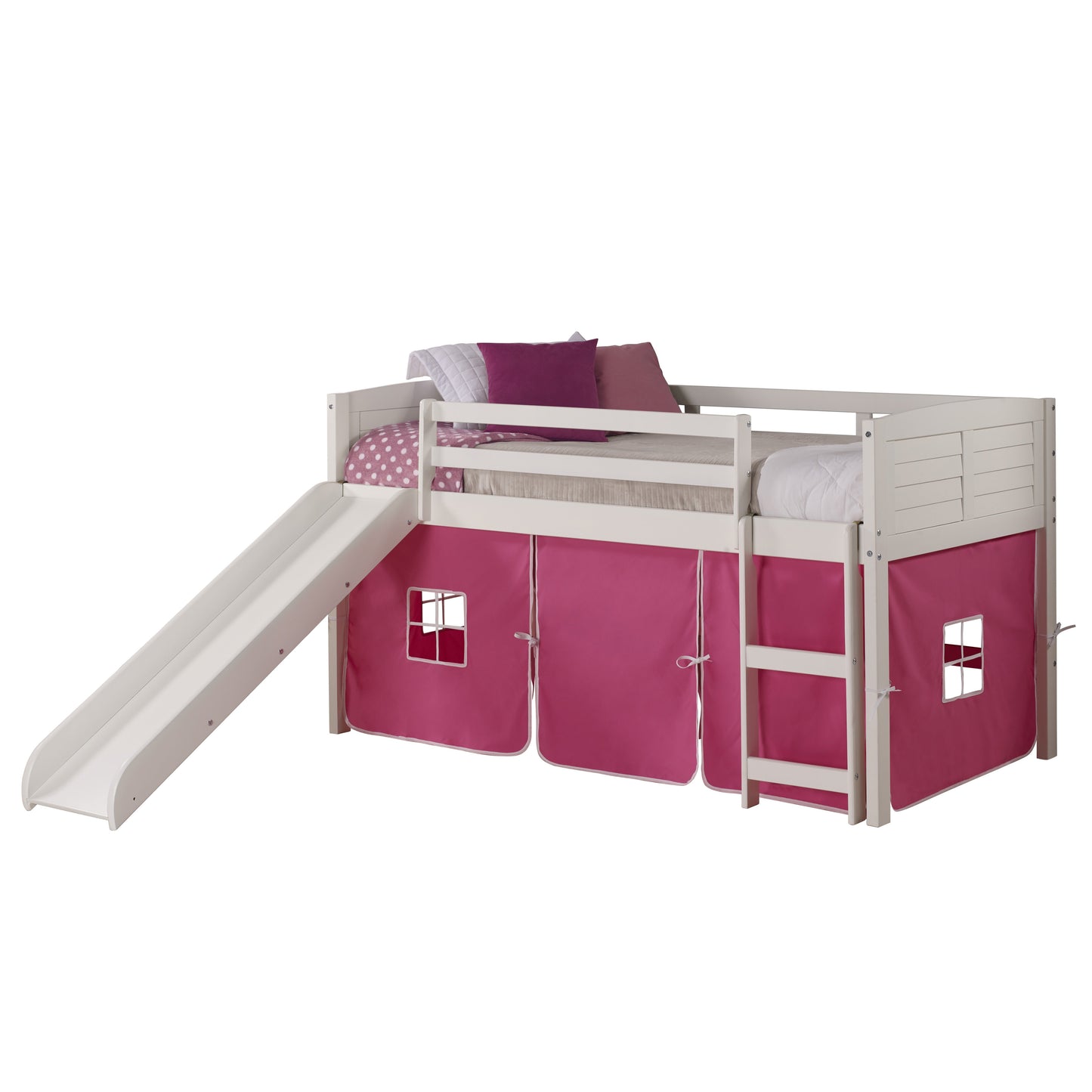 Louver White Low Loft Bed with Slide & Pink Tent